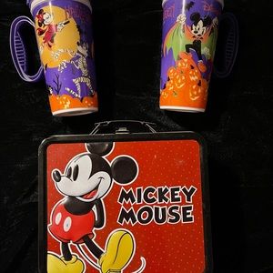 Disney Mickey Mouse metal lunch box and 2 cups